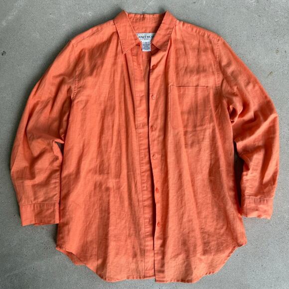 Y2K Flowy Linen Costal Coral Orange Jones Wear Button-up Longsleeve Shirt Medium - Picture 2 of 7
